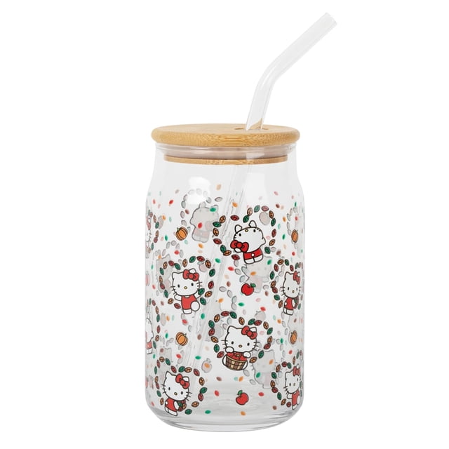 Vaso de vidrio Sanrio Hello Kitty Fall Leaves de 480 ml con tapa