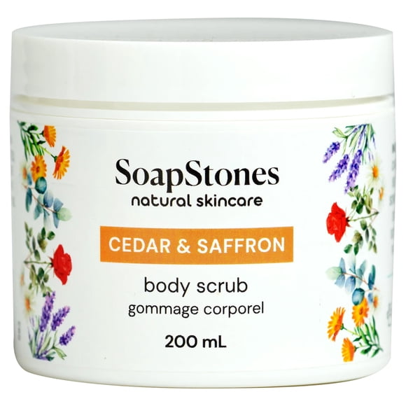 Exfoliante corporal de cedro y azafrán de Soapstones - 200 ml - Suave y calmante con aceite de semilla de cártamo - Exfoliante corporal con aroma amaderado y picante