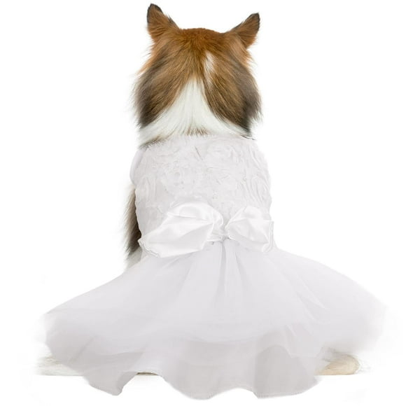 QBLEEV Tutu Skirt for Small Medium Girl Dogs ，Sweet Dog White Princess Dresses with Bowknot and Rose Decor,Lace Costume Summer Apparel Formal Clothes for Wedding Party Holiday (XX-Small)