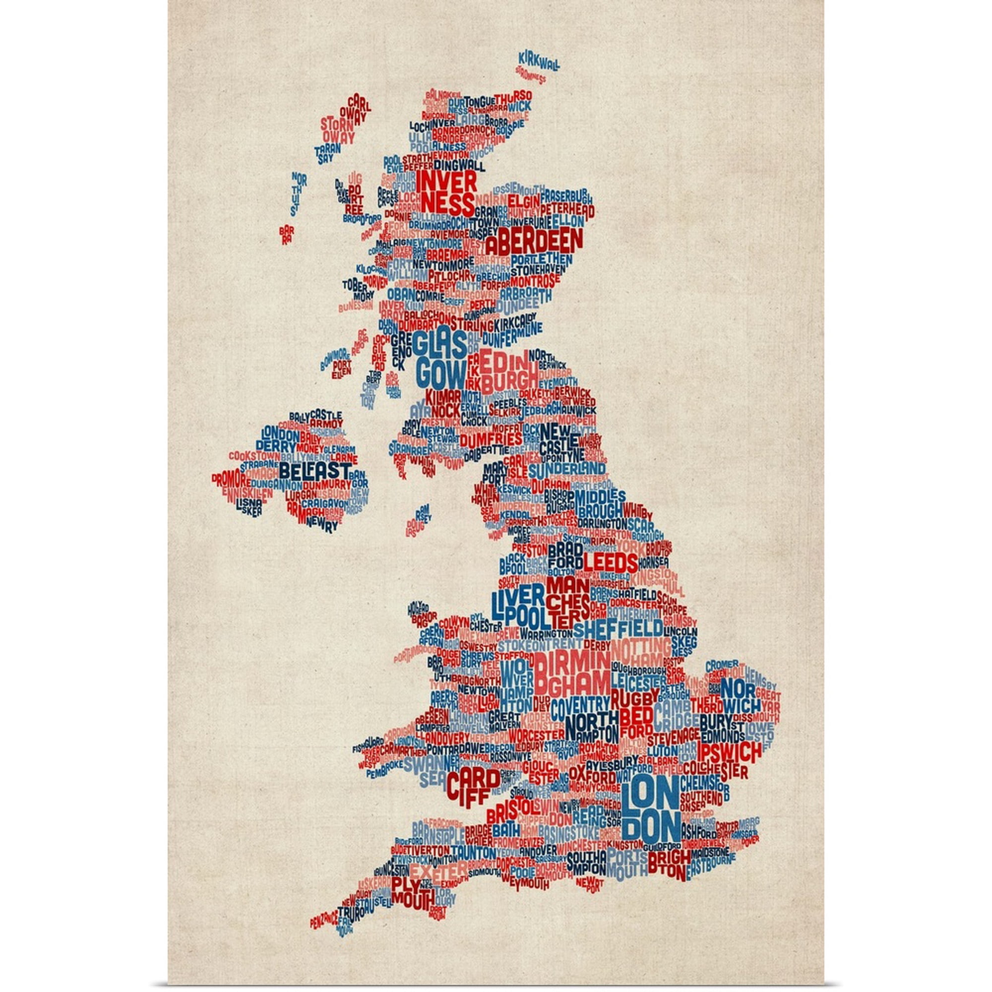Great BIG Canvas | Rolled Michael Tompsett Poster Print entitled Great Britain UK City Text Map, Blue and Red