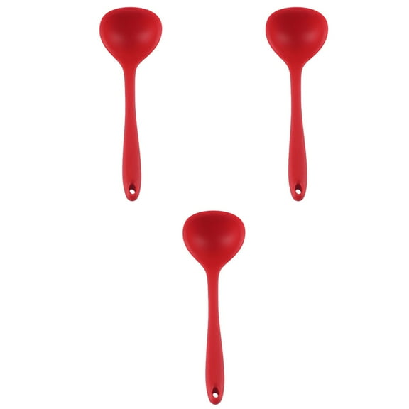 3pcs Non-stick Silicone Soup Spoon Long Handle Cooking Spoons Solid Color Food Serving Soup Ladle Cookware Kitchen Utensil for Home Restaurant (Red)