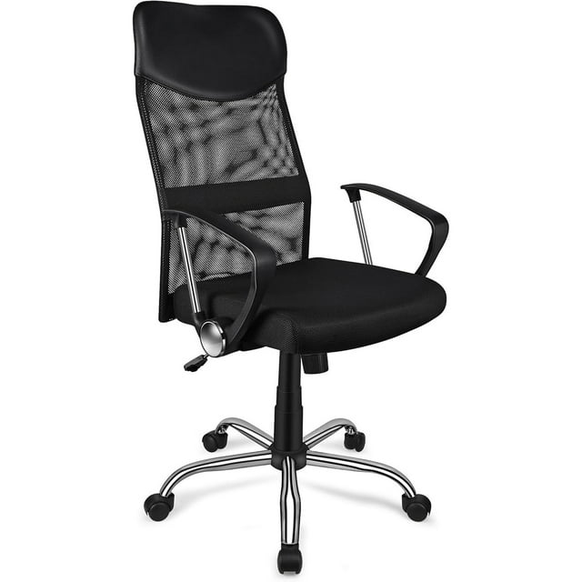 Chaise de Bureau Moderne Réglable, Chaise d'Ordinateur Exécutive en Maille à Dossier Haut, Pivotante à Roulettes, avec Accoudoirs Fixes, Noire