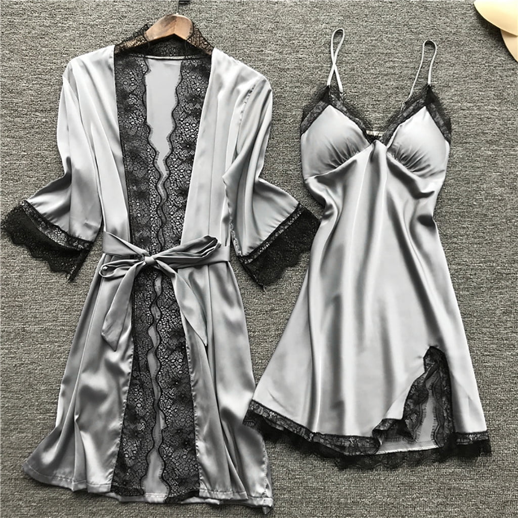 Shiusina Lingerie Women Silk Lace Robe Dress Babydoll Sleepwear Nightdress Pajamas Set Grey XXL