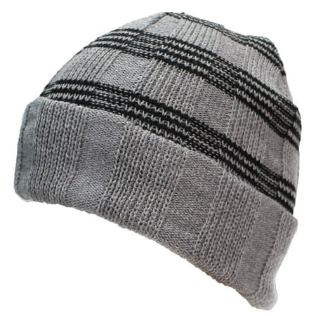 Best Winter Hats Adult Striped Cuffed Rib Knit Beanie W/Faux Fur Liner -