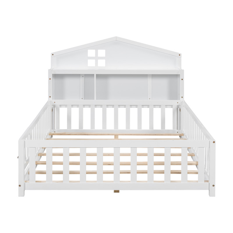 Bellemave Full Size Montessori Bed with Bookcase,Wooden Floor Bed with Fence Rails and Door, Full Playhouse Beds with Storage Headboards, No Box Spring Needed (White)