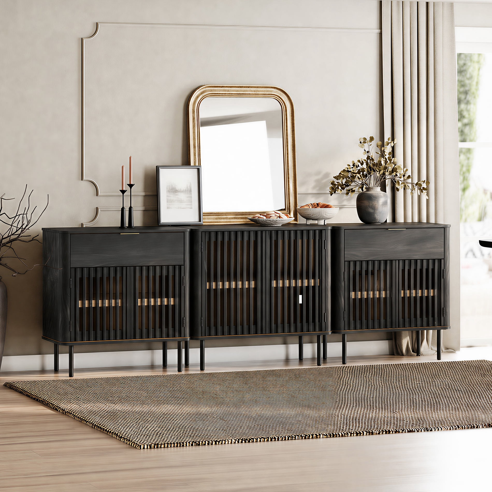94.5 Inch Large Fluted Buffet Cabinet Sideboard with Storage,Wood Modern Accent Coffee Bar Console Table, Black