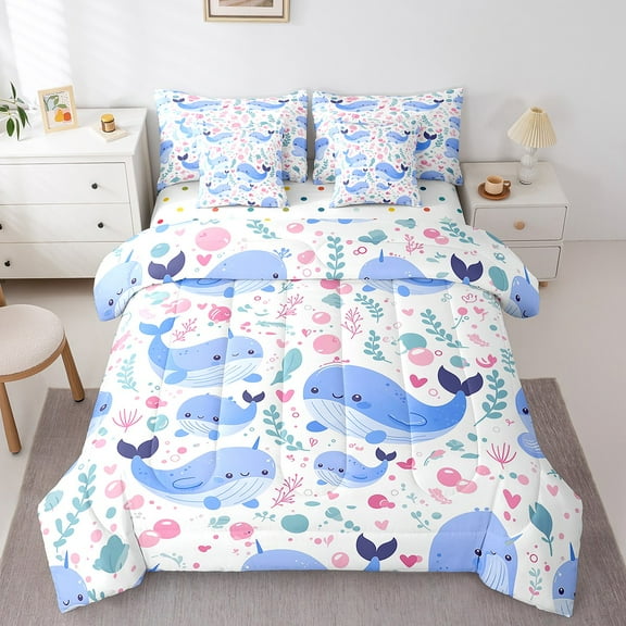 Erosebridal Kawaii Whale Bed in a Bag Twin size, Marine Animal Bed Set, Ocean Sealife Reversible Bedding Twin Size, Ultra Soft Room Decor, 7 Pieces