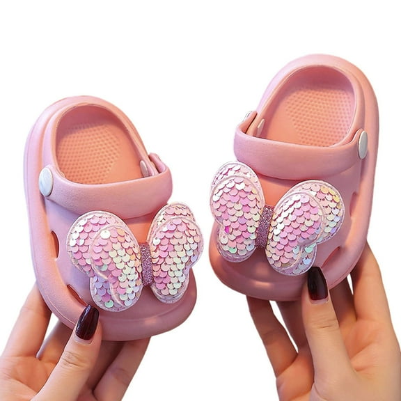 WZEIIOT Toddler Girls Garden Shoes Soft Sole Casual Slides With Glitter Bow Design Summer Breathable Non Close Toe Sandals Slippers