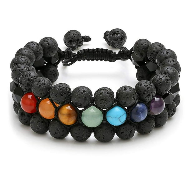 Tres capas de piedra de ojo de tigre, sección de color pedernal, tres filas de pulsera tejida de piedra de ojo de tigre azul (colorido + piedra volcánica)
