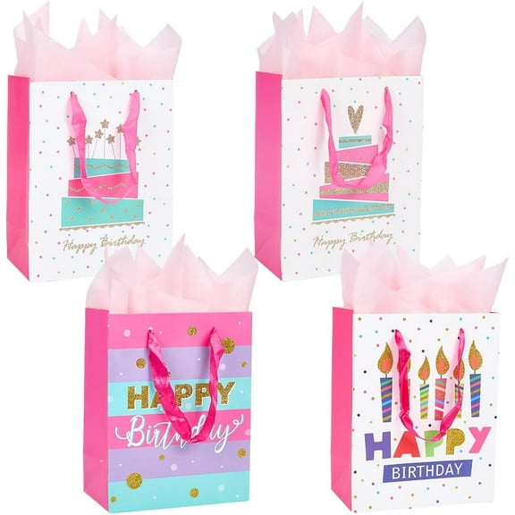 4Pcs 7 x 4 x 9 Inch Happy Birthday Present Bag Handle Party Bags With Tissue Paper Colorful Cake Rectangle Heavy Duty Wrap Gift Sets for Party Favors Gifts Packaging Decoration colorful