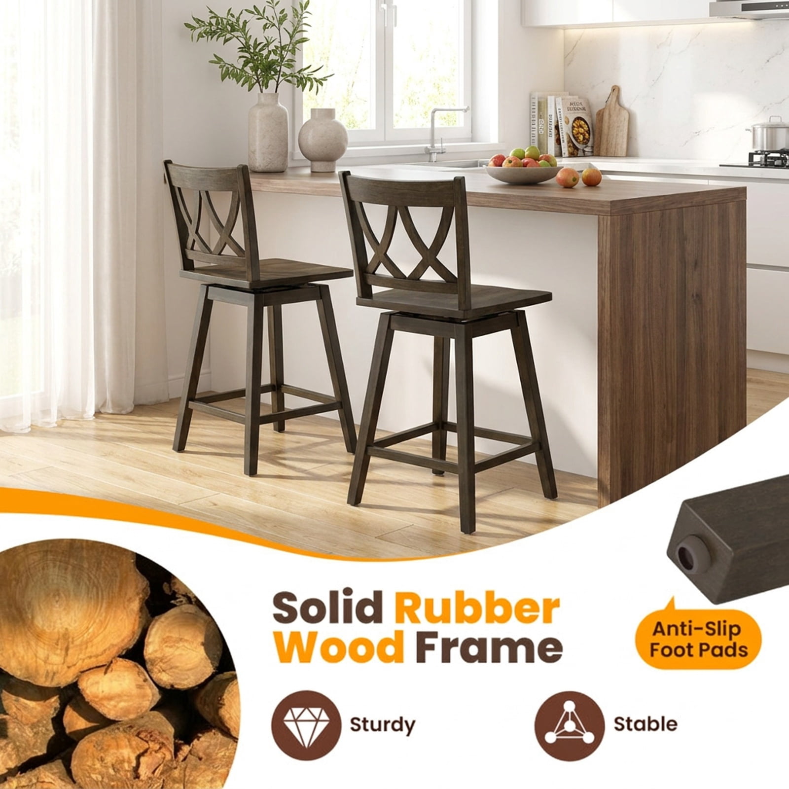 Furnibear 24/29 Inch Bar Stool Set of 2 Wooden Bar Chairs with Rubber Wood Frame-24 inches for Kitchen Island Counter Bar Pub Dining Home, Gray