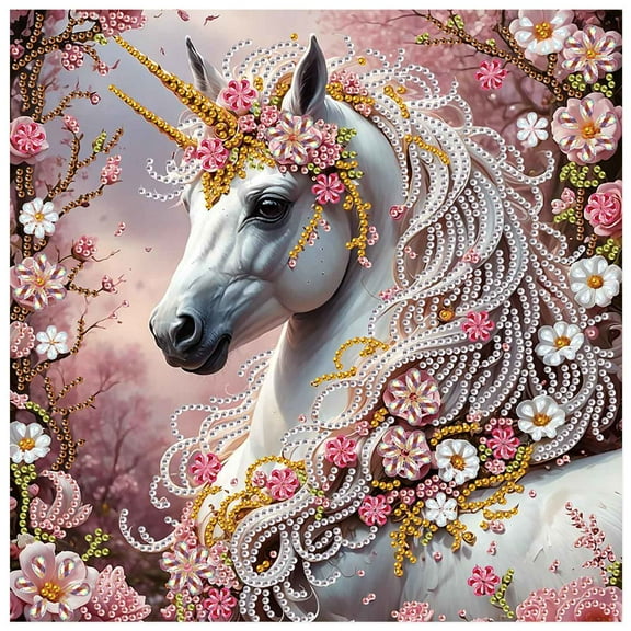 5D DIY Diamond Painting Kit Floral White Horse Special Shape Creative Diamond Craft Suitable for Home and Office Decor, Festive Gifts