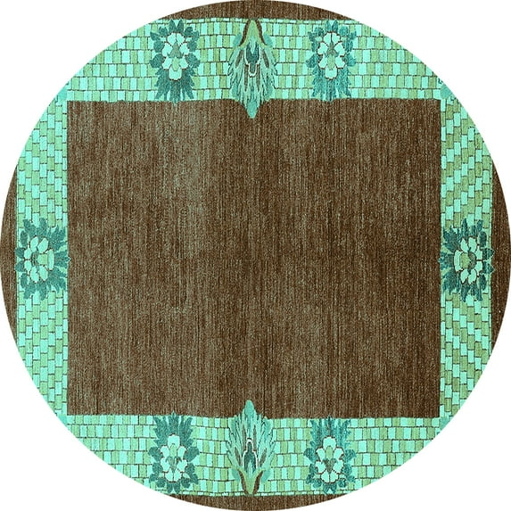 Ahgly Company Machine Washable Indoor Round Oriental Turquoise Blue Industrial Area Rugs, 8' Round