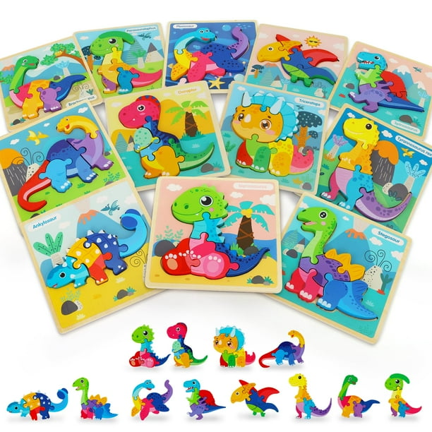 Puzles de madera TOY Life Dinosaur, paquete de 12 unidades para niños de 1 a 3 años