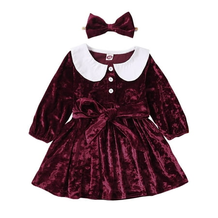 

NZRVAWS Baby Girls Outfits Solid Color Doll Collar Bow Button Long Sleeve Dress +Headband 2Pcs Clothes Set 6-9 Months Red