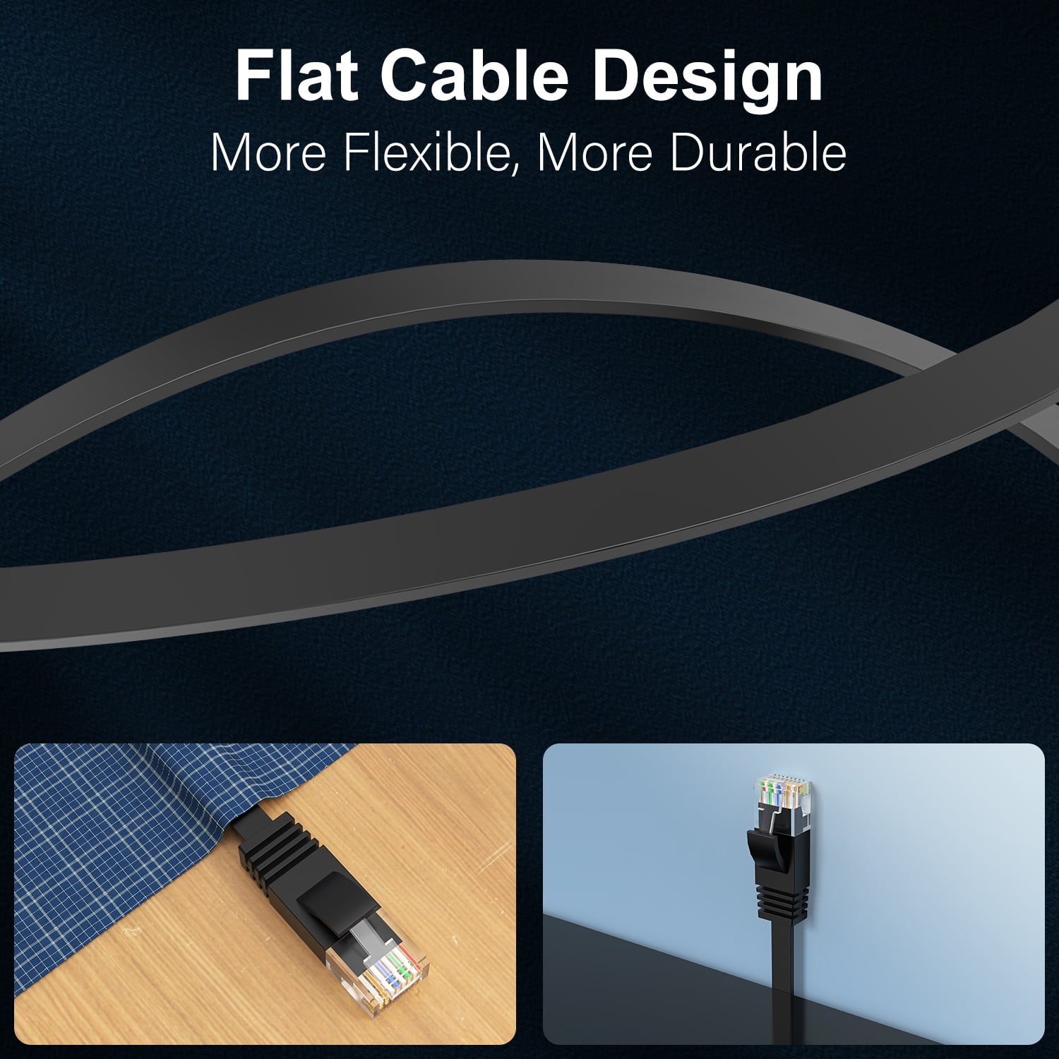 J&D 100 ft Cat6 Ethernet Cable 250MHz High-Speed Flat Network Cable Black