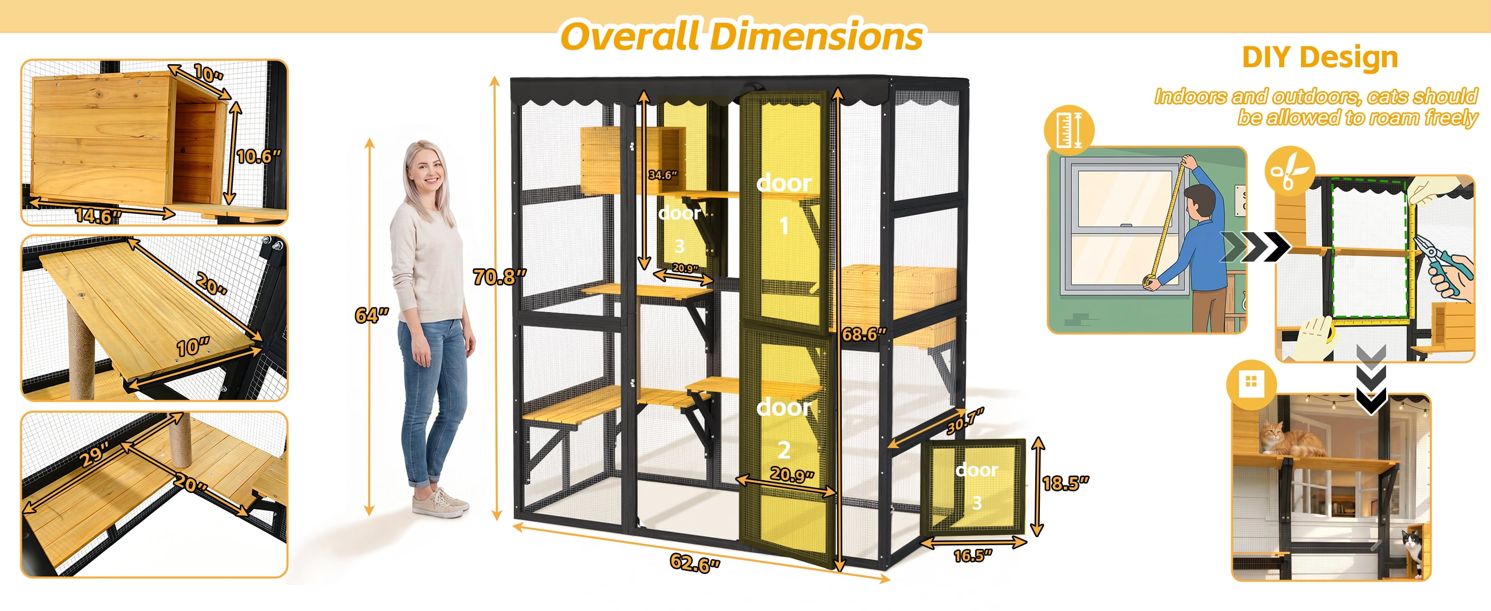 Generic Cat Catio Outdoor Enclosure - Large Wooden Walk-in Cat House - 2 Condos, 5 Platforms, Weatherproof Roof