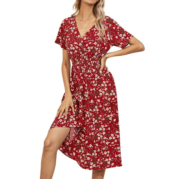Enjiwell Women's Floral Print Bohemian V Neck Short Sleeve Chiffon Midi Dress