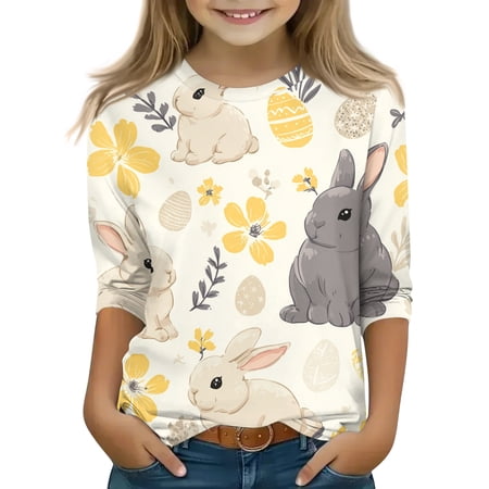 LTTVQM Girls Easter Tops 3/4 Sleeve Happy Bunny Eggs Print Tops Comfy Crew Neck Blouses Fashion Clothes Fluorescence Yellow 3-4 Years