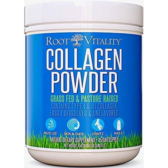 Root Vitality Collagen Peptides Powder, Hydrolyzed Unflavored Protein Supplement with Grass-Fed Collagen and Amino Acids for Skin Hair and Nails