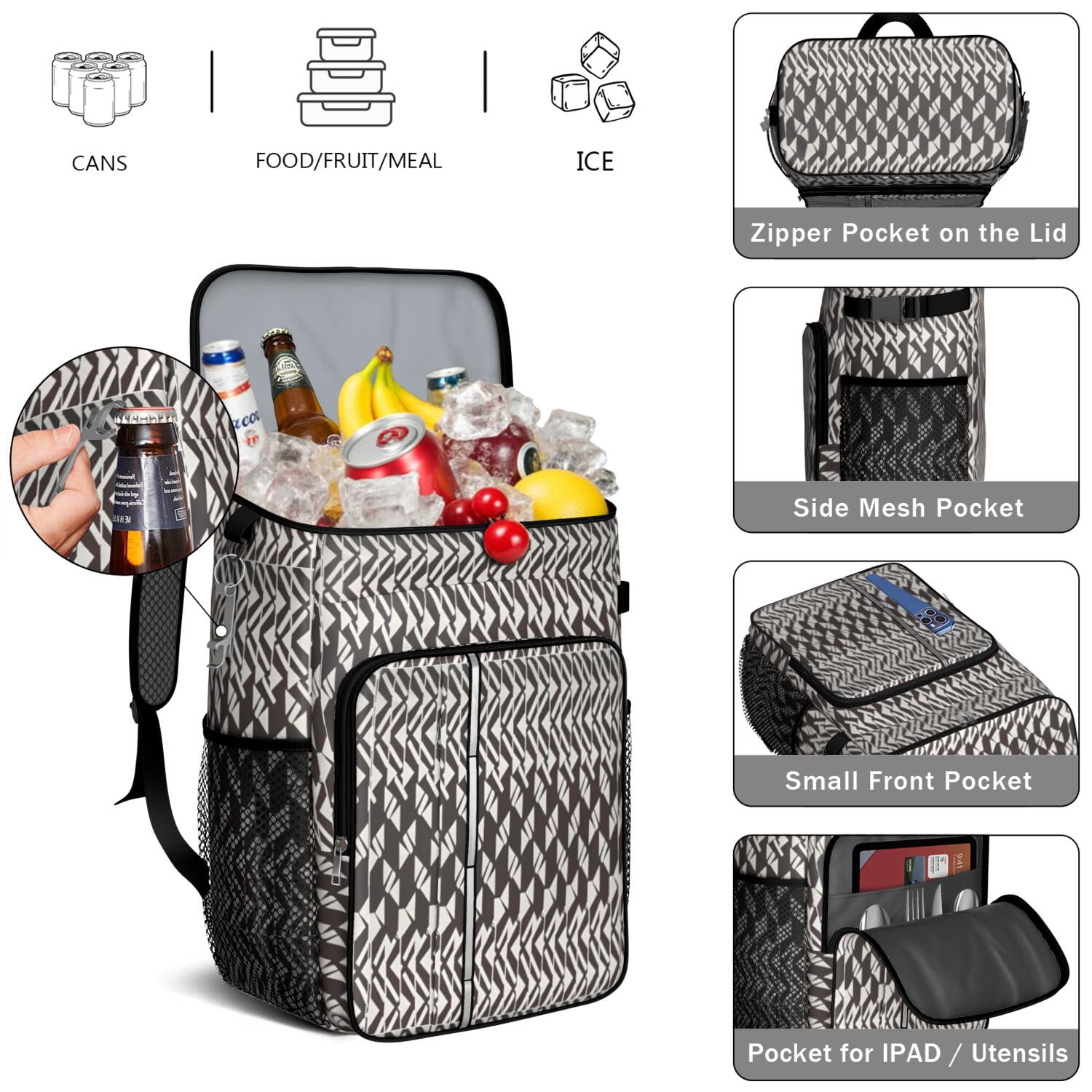 Travel Cooler Bag - Boho Bohemia Pioneer Flower Geometric Line Art Camping Beer Cooler Backpack with Bottle Opener- Waterproof Insulated Picnic Backpacks - Cooler Bag for Beach