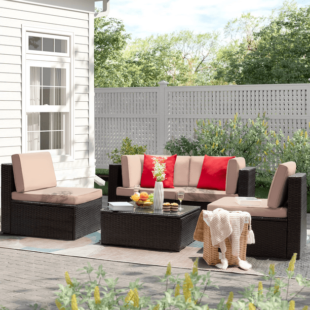 Devoko 5 Pieces Patio Furniture Sectional Set Outdoor Wicker Rattan