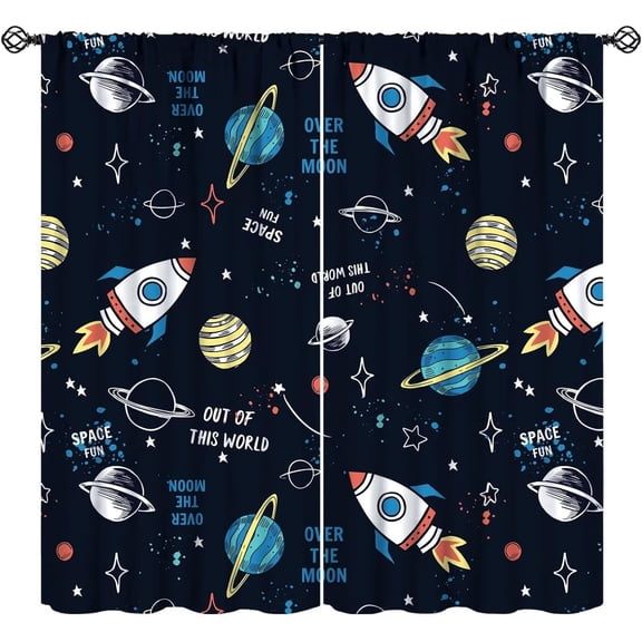 Cartoon Outer Space Curtains, Cute Galaxy Universe Cosmos Rocket Star Moon Space Graffiti Print Window Treatments for Kids Boys Girls Bedroom Living Room, 84" W X 84" L
