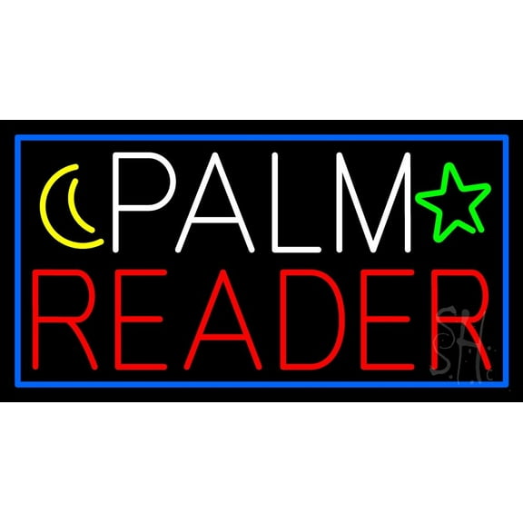 Palm Reader With Blue Border LED Neon Sign 20" Tall x 37" Wide - inches Black Square Cut Acrylic Backing, with Dimmer - Bright and Premium built indoor LED Neon Sign for Storefront.