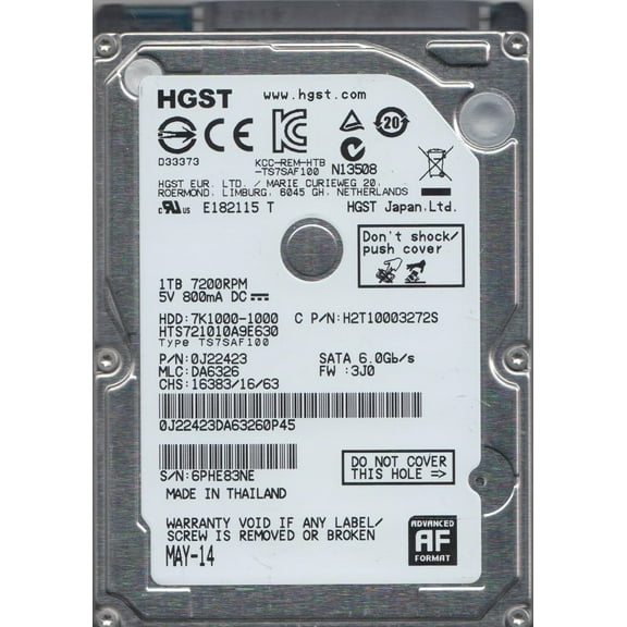 HTS721010A9E630, PN 0J22423, MLC DA6326, Hitachi 1TB SATA 2.5 Hard Drive