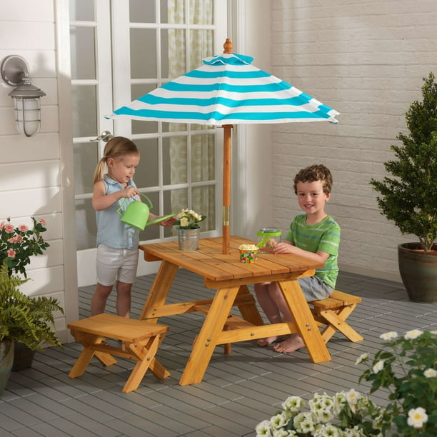 KidKraft Outdoor Wooden Table & Bench Set, Striped Umbrella, Turquoise and White