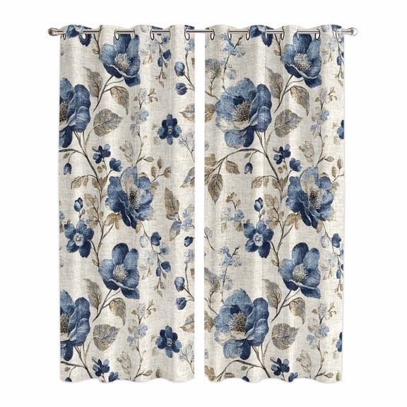 Blue Gray Spring Floral Kitchen Curtains 84 Inch Length, Vintage Botanical Grommet Top Bedroom Living Room Curtains, Light Filtering Cafe Curtain Drapes 2 Panels Set 84''x84''