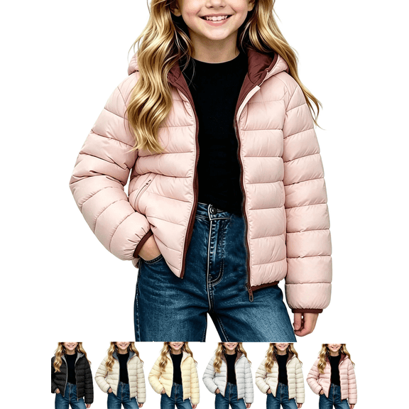 Hooded Puffer Jackets for Kids Zip Up Long Sleeve Lightweight Jacket Girls Casual Warm Winter Soft Outerwear