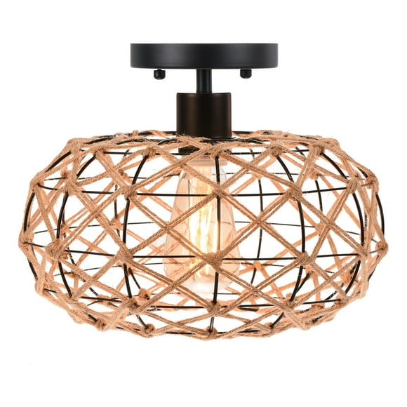 Woven Rattan Flush Mount Ceiling Light, Coastal Rustic Wicker Retro Light Fixture