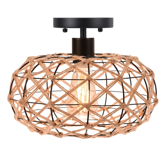 Woven Rattan Flush Mount Ceiling Light, Coastal Rustic Wicker Retro Light Fixture