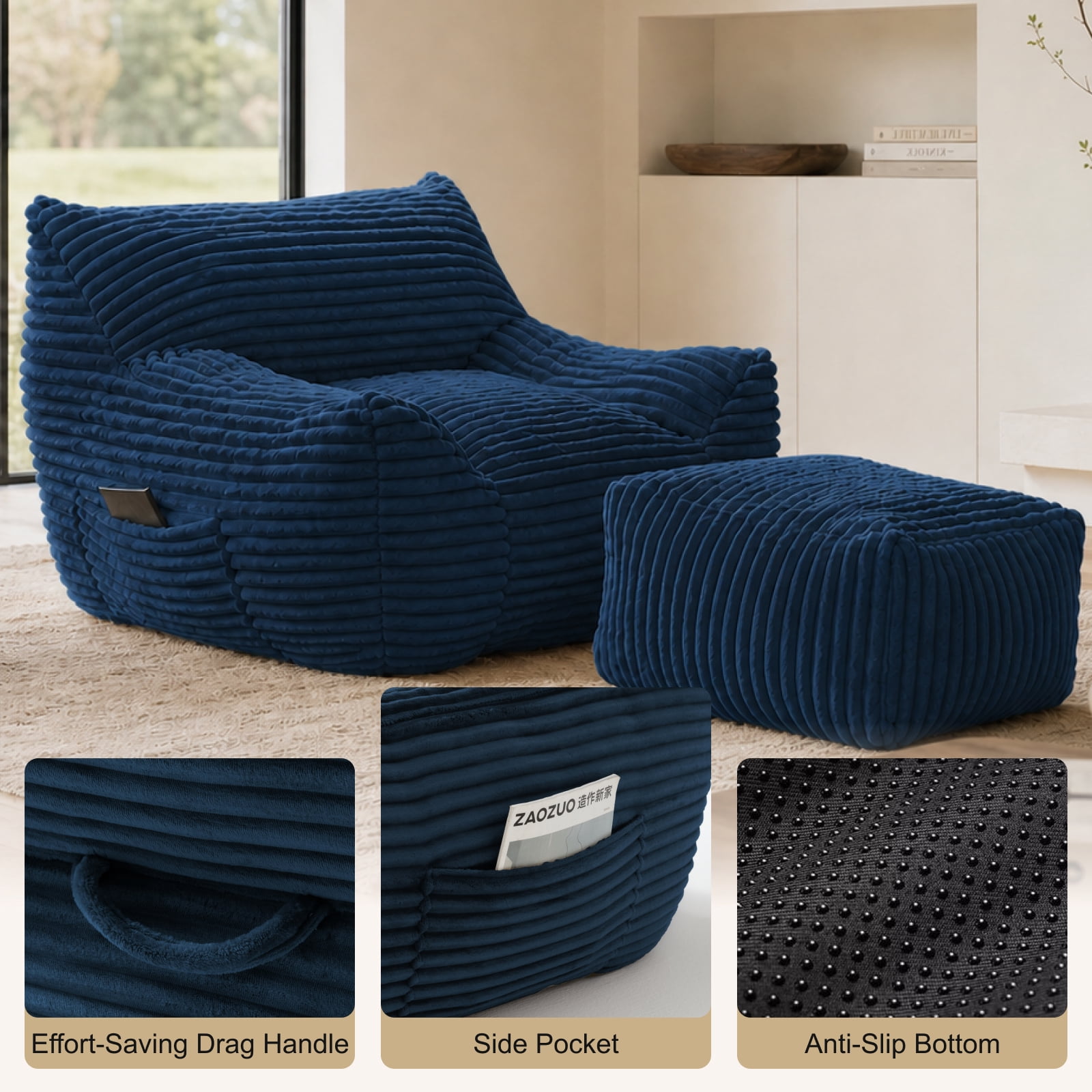 41.7" Oversized Bean Bag Chair with Ottoman, Living Room Lazy Sofa for Bedroom & Dorm