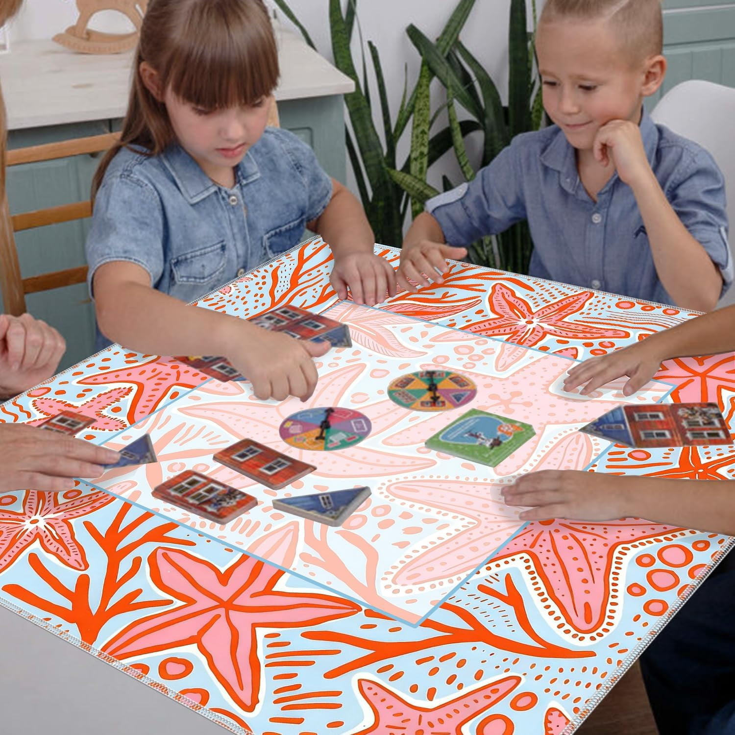 Preppy Beach Starfish Mahjong Mat for Table 31.5x31.5 in, Pink and Light Blue Coastal Mahjong Table Mat Cover Anti Slip Noise Reduction for Mah Jong Card Board Tile Games