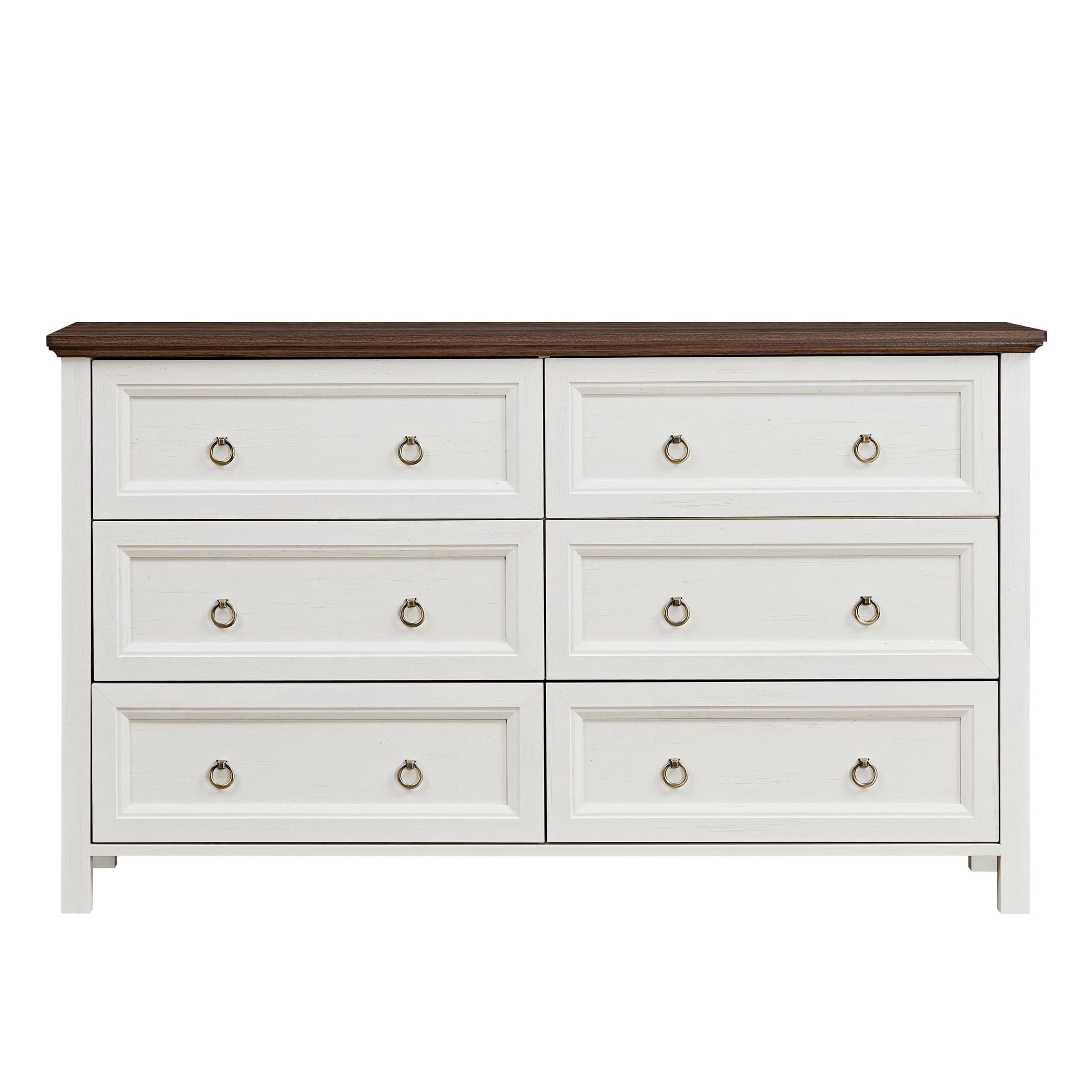 AENKYO Farmhouse Dresser with 6 Drawers, Storage Drawer Chest for Home, Cream White & Rustic Brown Finish