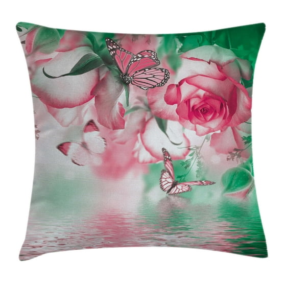 Spring Throw Pillow Cushion Cover, Refreshing Rose Petals and Butterfly Water Romance Beauty ...
