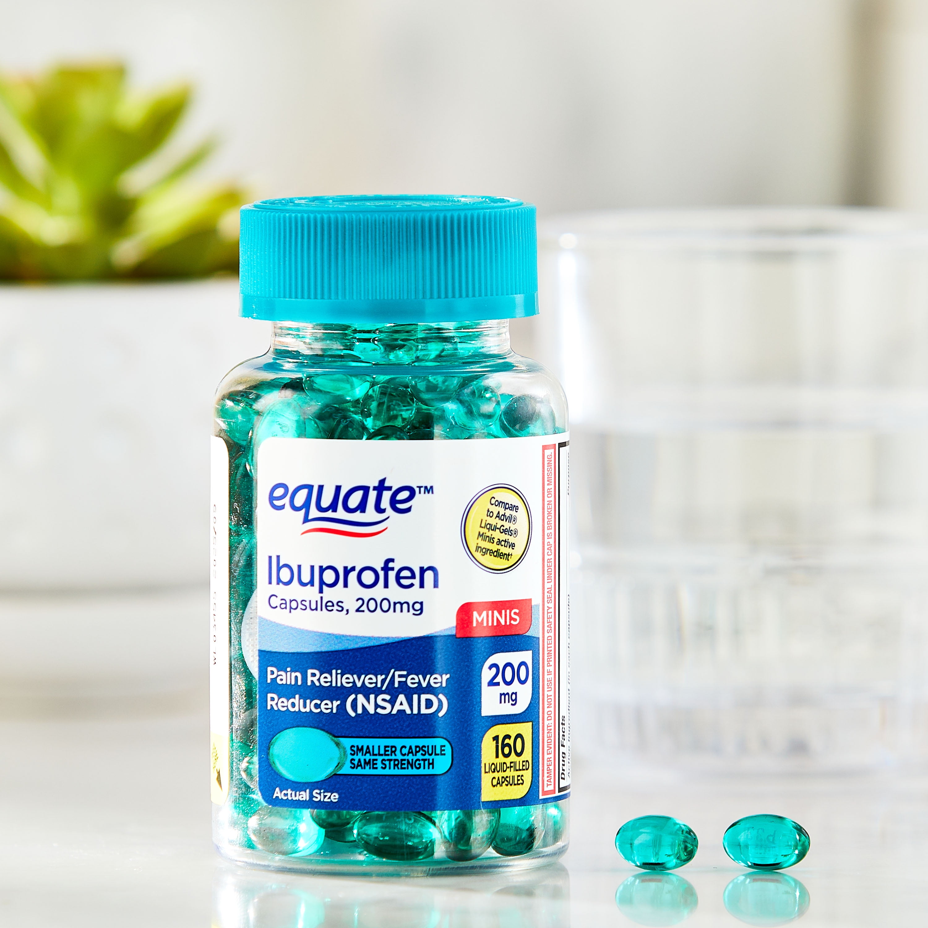 (4 pack) Equate Ibuprofen Mini Liquid Filled Softgel Capsules, 200 mg, Pain Relief & Fever Reducer, 160 Count, Compare to AdvilÂ® LIQUI-GELS Minis Active Ingredient