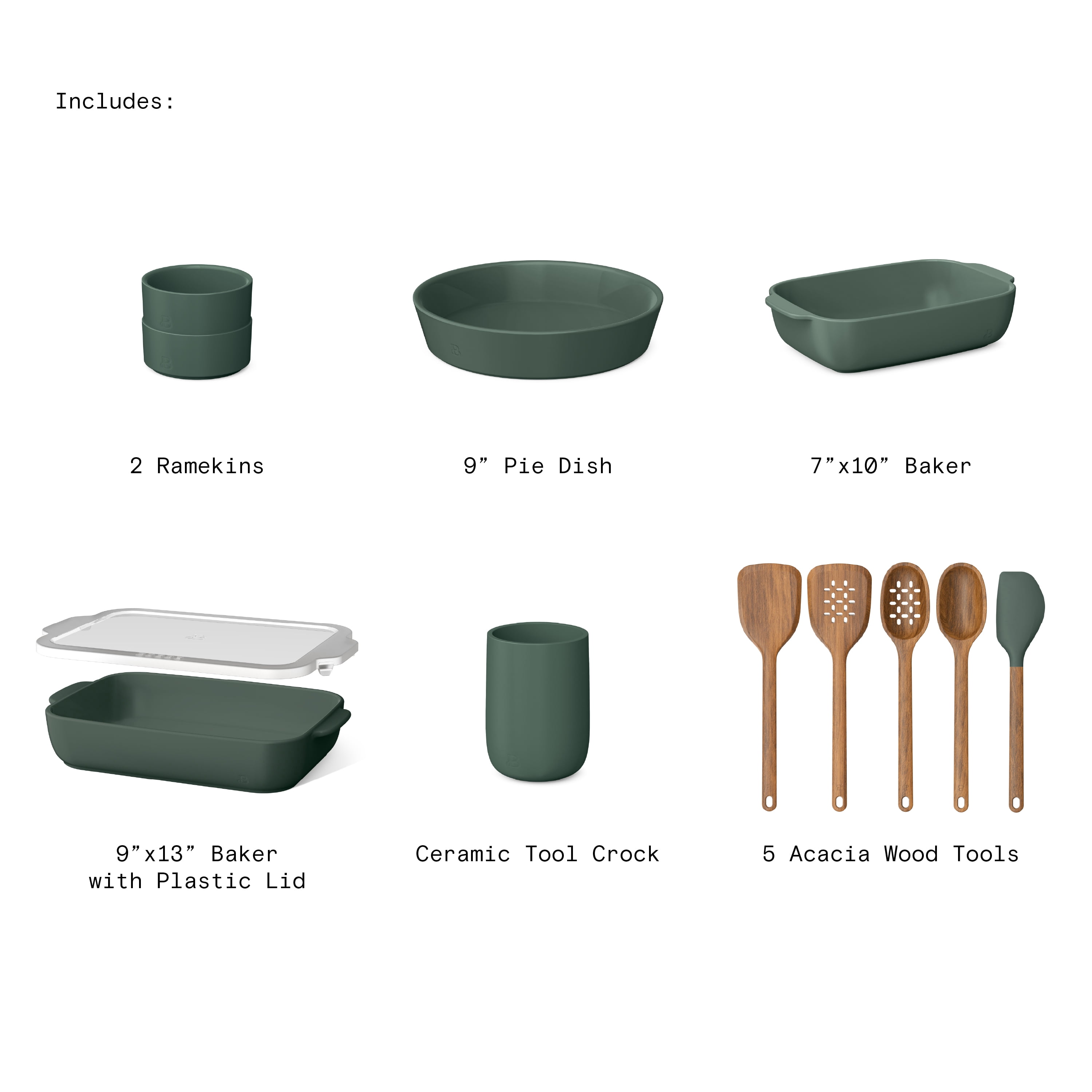 Beautiful 12-Piece Stoneware Bakeware & Kitchen Tools Set, Thyme Green by Drew Barrymore