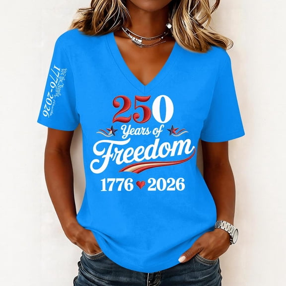 Iaqnaocc 250th Anniversary Usa Shirt Womens Tops Short Sleeve 250 Anniversary USA Flag 4th Of July Independence Day V Neck July 4th Celebration Outfits Light Blue XL