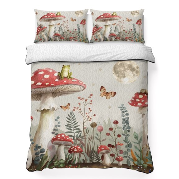 Twin Quilt Bedding Set Farm Mushroom Eucalyptus Leaf Butterfly Lightweight Summer Quilted Coverlet for Hot Sleepers, Moon Natural Landscape Breathable Soft Cooling Blanket with 2 Pillow Shams