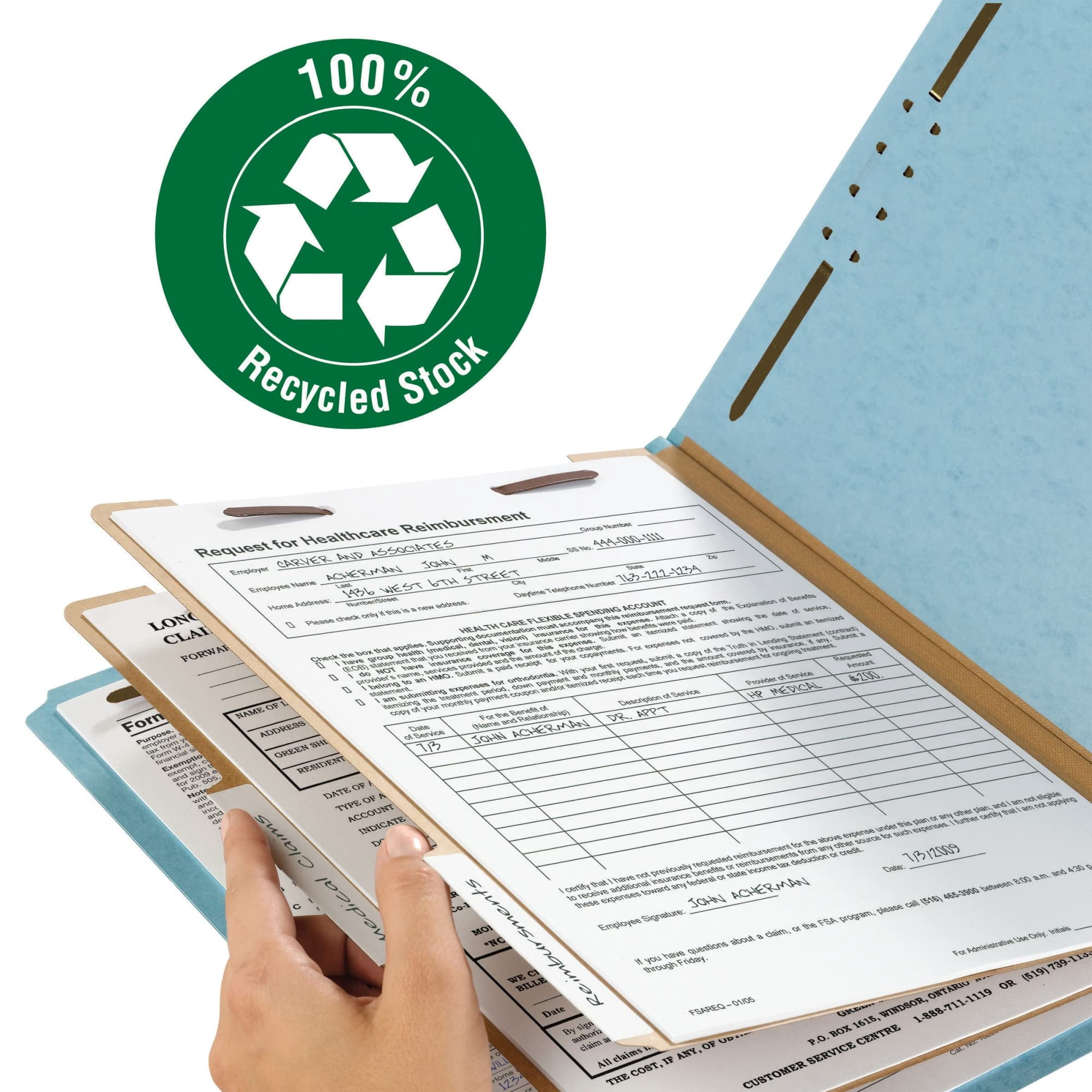 Smead® Pressboard Classification Folders, 2 Dividers, Letter Size, 100% Recycled, Blue, Box Of 10