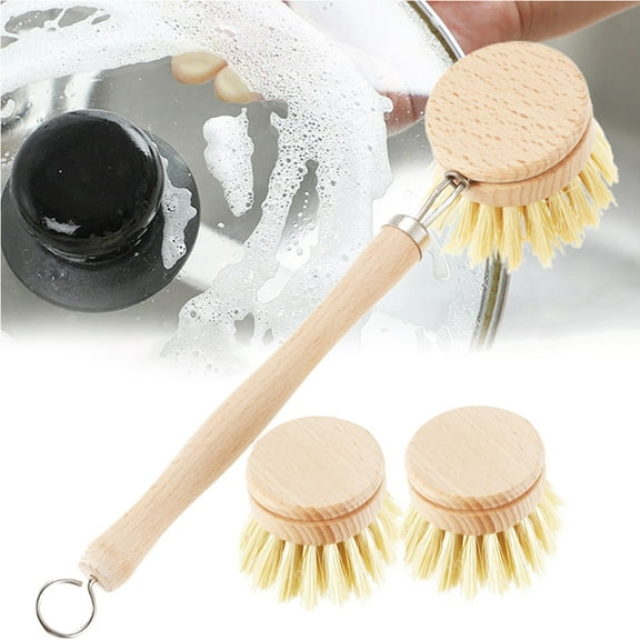 Cheers.US Natural Dish Brush with 2 Replacement Heads, Kitchen Eco Bamboo Scrubber Brushes, Extra Plant Sponge, Plastic Free Washing Up, Zero Waste Cleaning