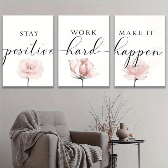 3pcs roses, quotes, minimalist, inspirational, soft-pink - Modern abstract wall decor, framed and ready to hang, suitable for living room, office, cafe aesthetic wall decoration