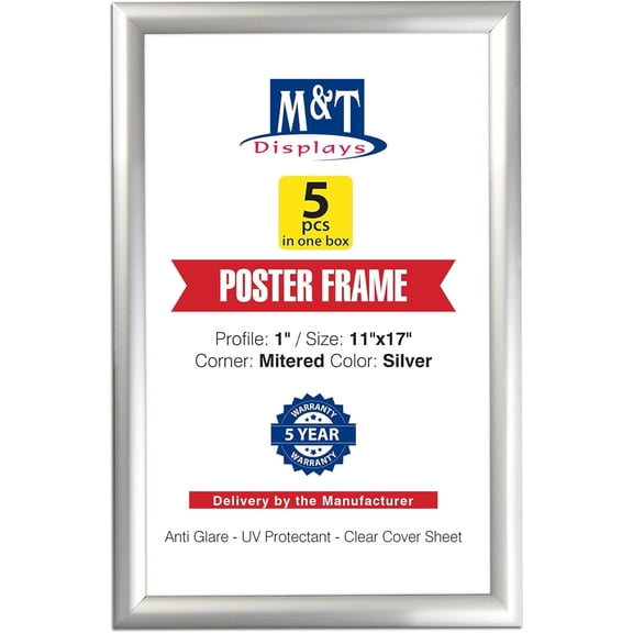 M&T Displays 11x17 Snap Poster Frame Silver Aluminum Picture Photo Document Certificate Sign Holder - 5 Pack