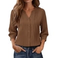 thumbnail image 2 of Endives Womens Tops Cotton Linen Button Down Shirts V Neck Pleated Casual Loose Blouses Roll Up Sleeve Shirt Spring Summer, 2 of 6