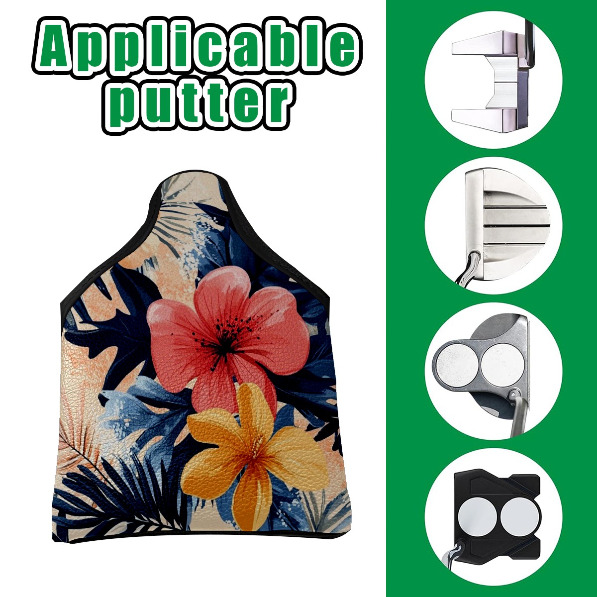Golf Mallet Putter Cover Premium Leather Waterproof Golf Putter Head Cover with Magnetic Closure Tropical Leaves
