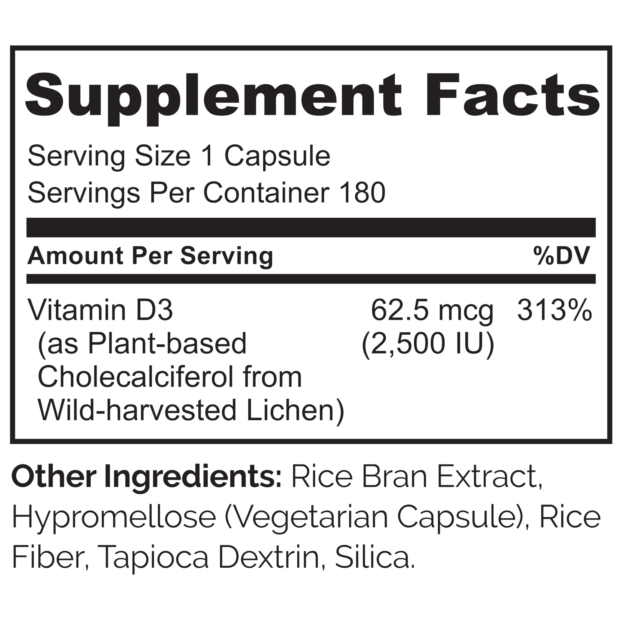 NATURELO Vitamin D - 2500 IU - Plant Based from Lichen - Natural D3 Supplement for Immune System, Bone Support, Joint Health - Vegan - Non-GMO - Gluten Free - 180 Capsules