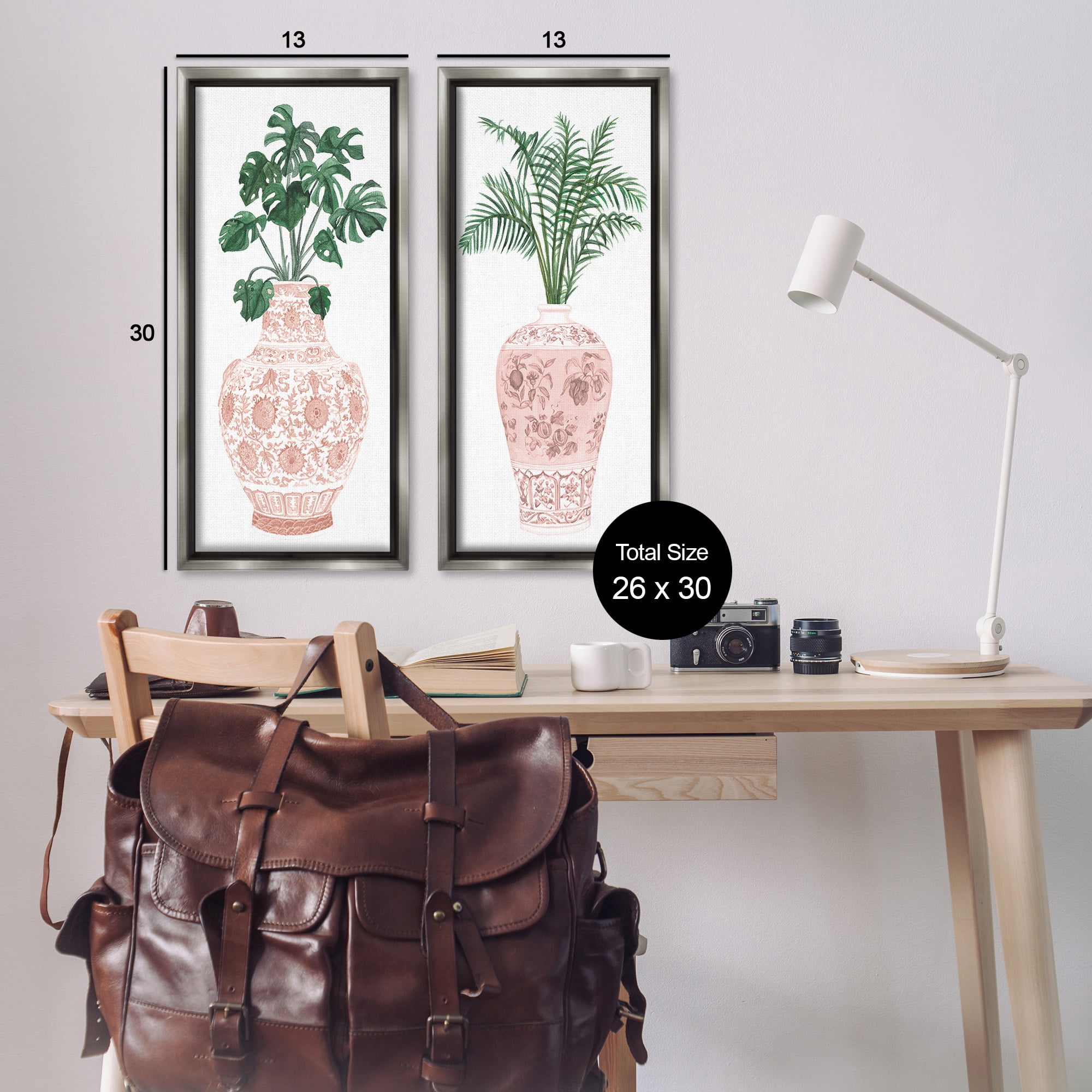 Stupell Industries Plants & Oriental Vases Botanical & Floral Painting Gray Floater Framed Canvas Art Print Wall Art, 14 x 31, Set of 2